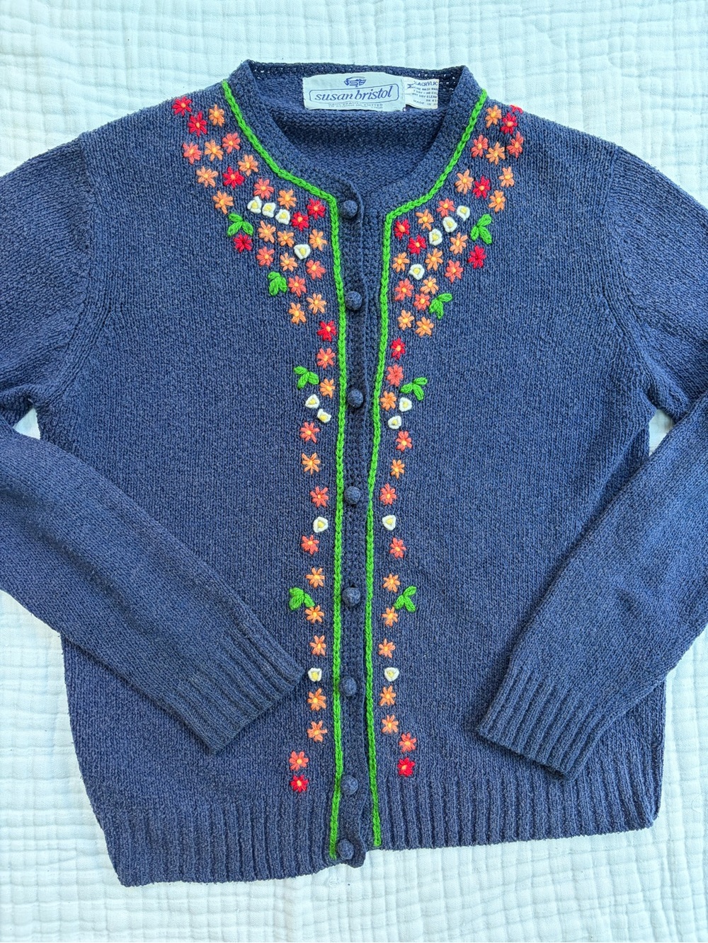 Vintage Susan Bristol Medium Navy Floral Embroidered Cardigan Hong Kong